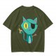 Olive Green T-Shirt With Pirate Cat Graphic Print