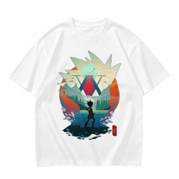 Hunter x Hunter Anime Graphic Tee with Sunset Landscape Art