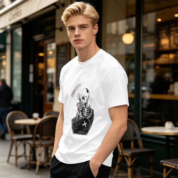 Olive T-shirt with Skeleton in Coffin Holding Coffee Print