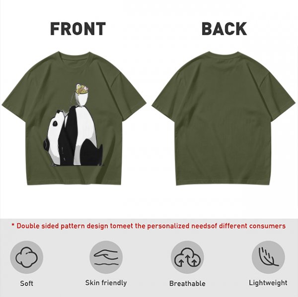 Olive T-Shirt With Panda Balancing Ramen Bowl Print