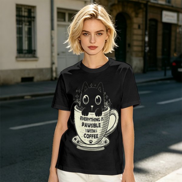 Olive T-Shirt With Black Cat In Coffee Cup 'Everything Is Pawsible With Coffee' Print