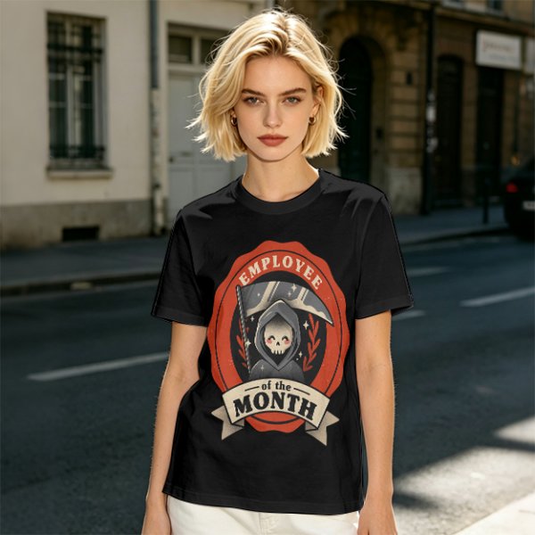 Olive T-Shirt with Cute Grim Reaper Employee of the Month Print