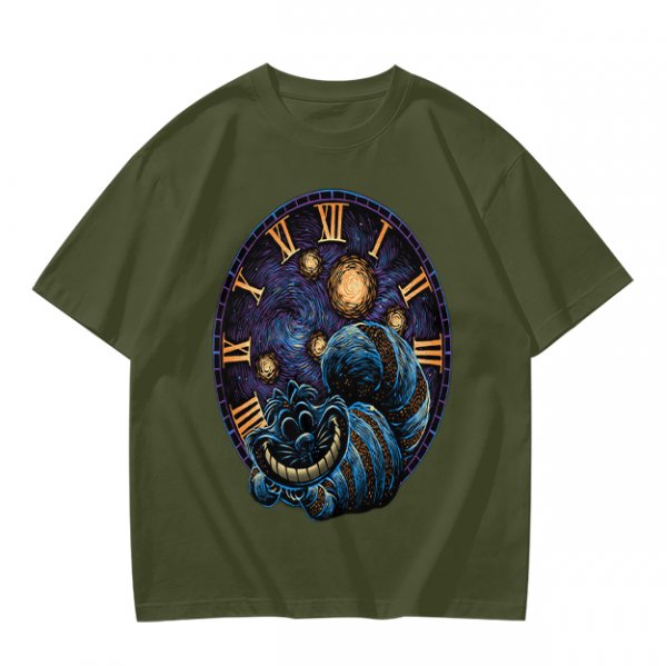 Olive T-Shirt with Cheshire Cat Clock Art Print