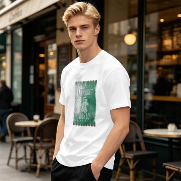 Olive Christmas T-Shirt With 'Let's Get Baked' Gingerbread Man Print