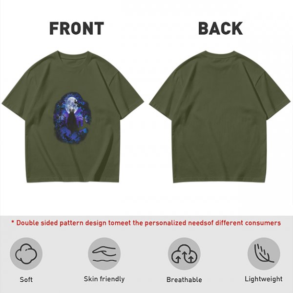 Olive T-Shirt With Night Sky Wolf Howling At Moon Graphic