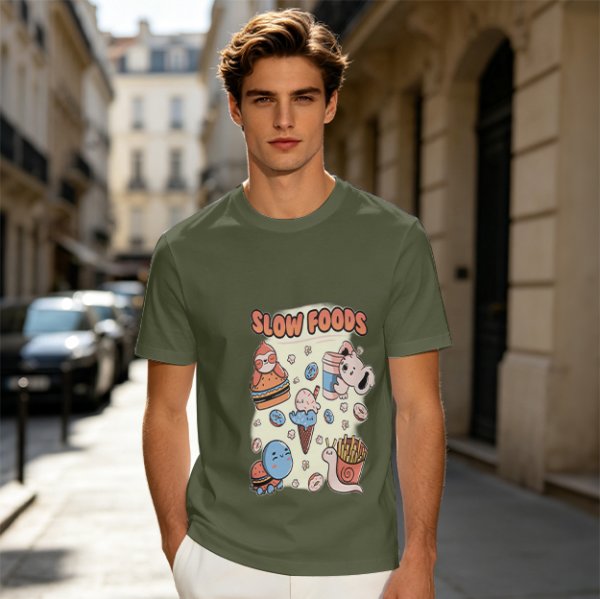 Olive green graphic t-shirt with slow foods animal fast food mashup print