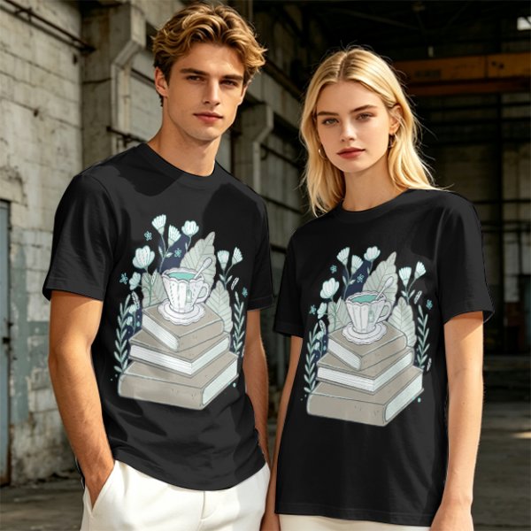 Olive T-Shirt With Stacked Books Teacup Floral Print