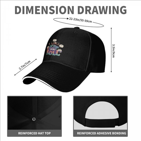 Black baseball cap with sushi graphic and 'I Like The Way You Roll' text