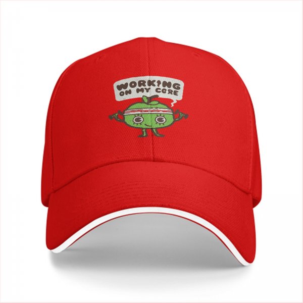 Black baseball cap with 'Working On My Core' fitness apple graphic