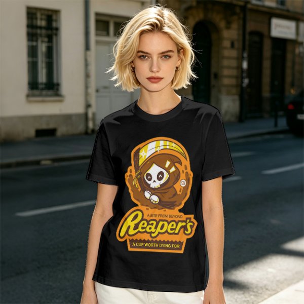 Olive green graphic t-shirt with cute reaper coffee themed print