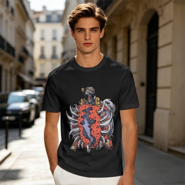 Olive T-Shirt with Dark Fantasy Monster Skeleton Art Print