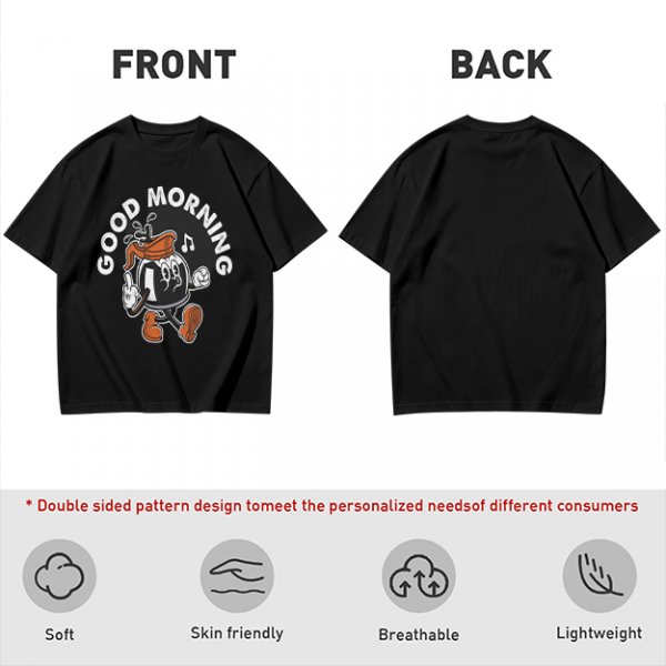 Olive t-shirt with retro coffee pot cartoon and Good Morning text