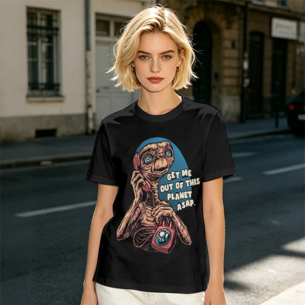 Olive t-shirt with E.T. 'Get Me Out Of This Planet ASAP' print