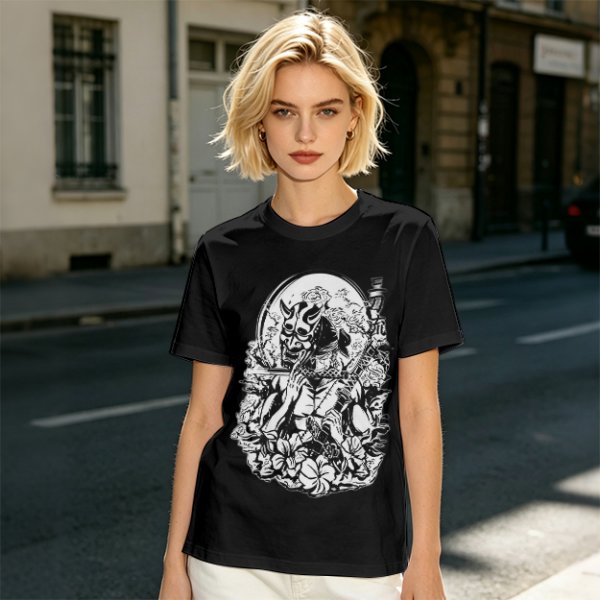 Oni Mask Samurai Floral Graphic Olive T-Shirt