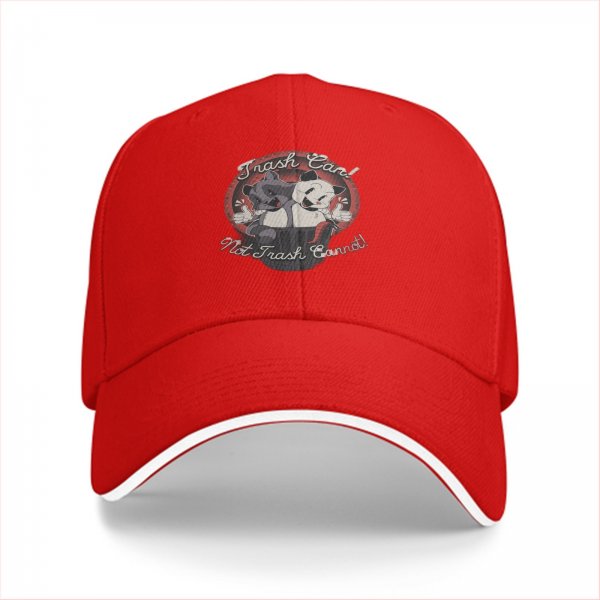 Black baseball cap with retro raccoon and cat trash can graphic