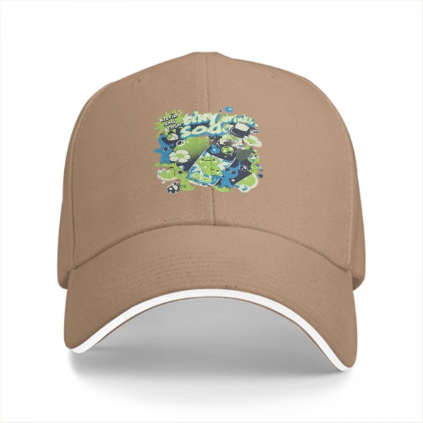 Black baseball cap with tiny drinks soda and alien graphic print