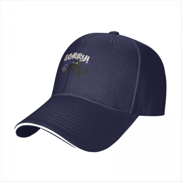Black baseball cap with angry black cat graphic and 'SORRY!' text
