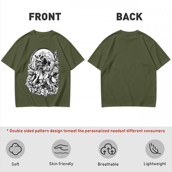 Oni Mask Samurai Floral Graphic Olive T-Shirt