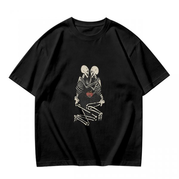 Olive T-Shirt With Skeleton Couple Embracing Red Heart Print