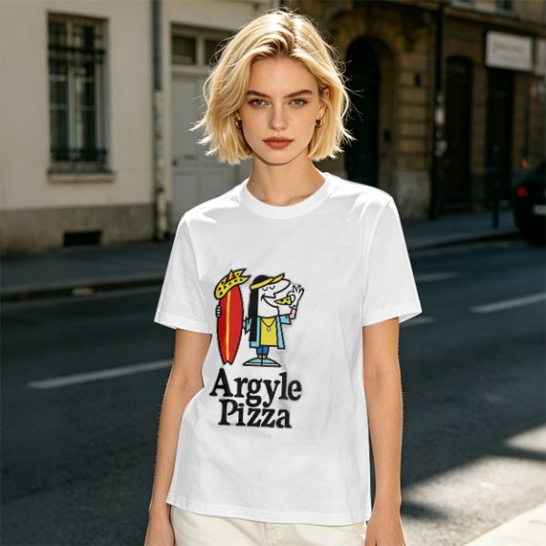 Olive T-Shirt with Surfer Pizza Character and Argyle Pizza Print