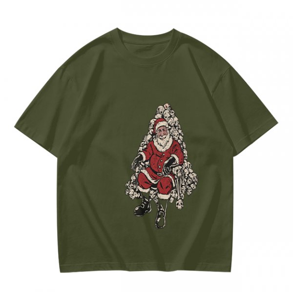 Olive T-shirt with Santa Claus on Skull Throne Graphic