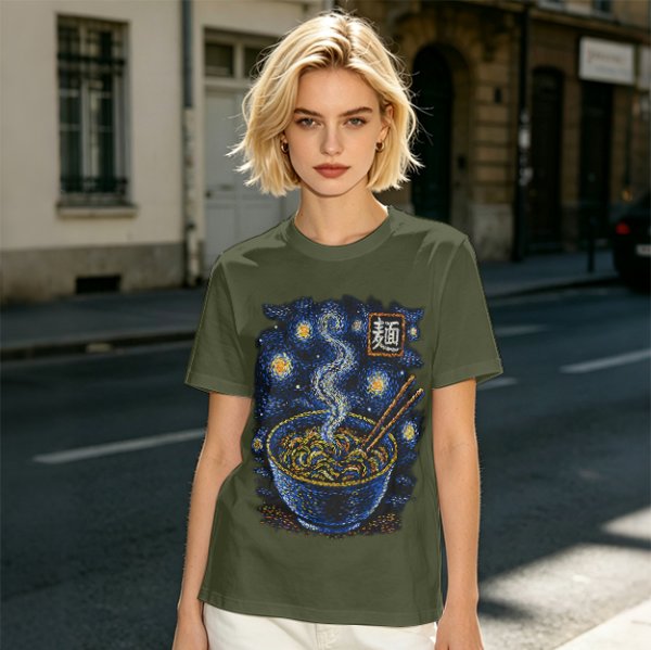 Olive t-shirt with starry night ramen bowl graphic