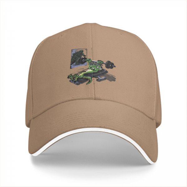 Black baseball cap with a green frog bench pressing weight design