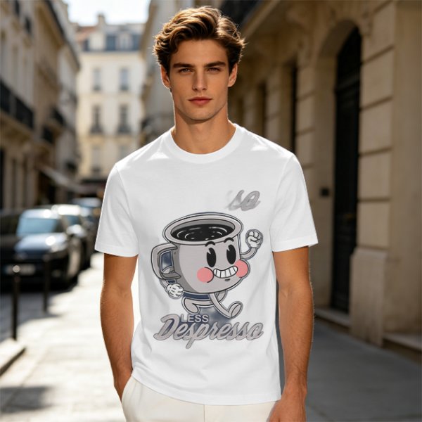 Olive green t-shirt with running espresso cup graphic and 'Less Despresso' text