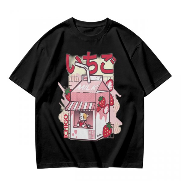 Olive T-Shirt with Strawberry Milk Carton Cat Shop Graphic