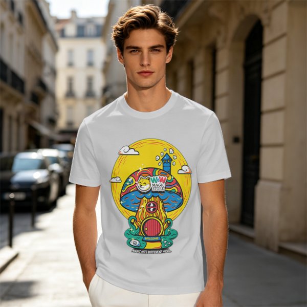 Olive T-Shirt with Trippy Mushroom House Graphic Design
