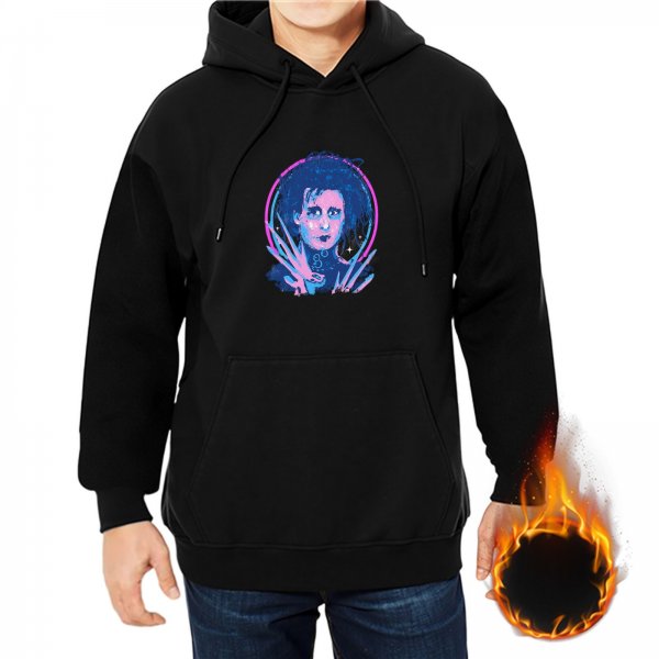Black hoodie with neon gothic character graphic print