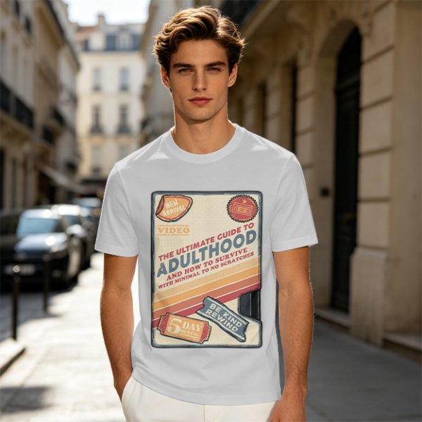 Olive t-shirt with retro guide to adulthood VHS-style print