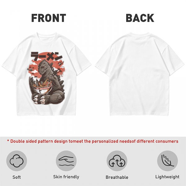 Olive T-shirt with Godzilla eating ramen graphic