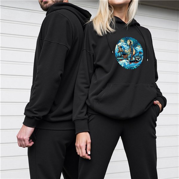 Black Hoodie With Stormy Sea Sailing Ship Graphic Print