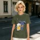 Olive T-Shirt With Cute Blue Goat Holding Foamy Beer Mug Print