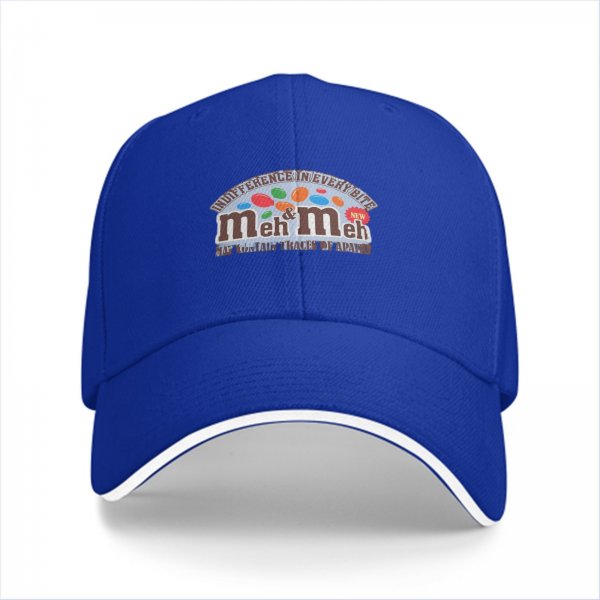 Black baseball cap with 'meh & meh' novelty candy parody design