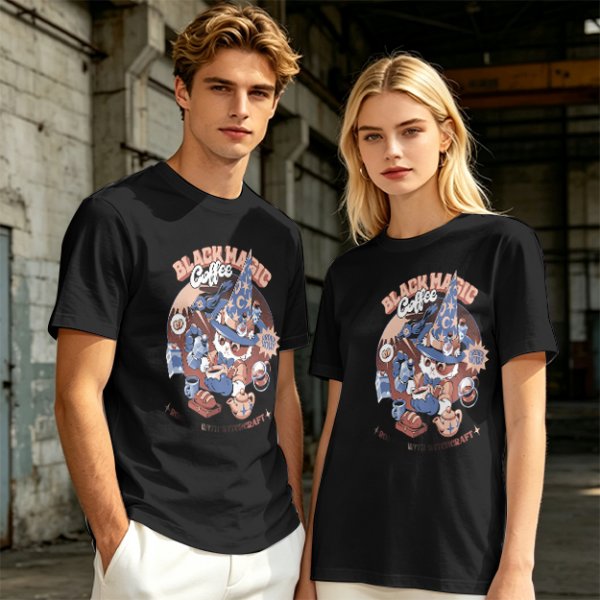 Olive T-Shirt with Black Magic Coffee Wizard Cat Graphic