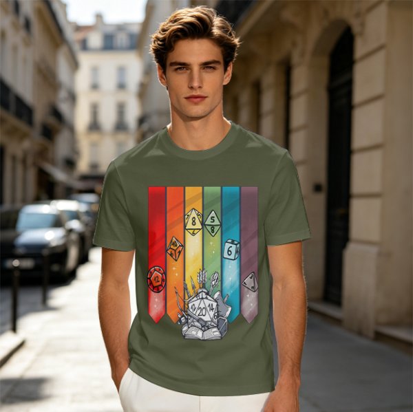 Dungeons and Dragons Polyhedral Dice Rainbow Graphic T-Shirt