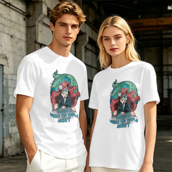Olive t-shirt with modern mermaid graphic and 'I wanna be where the people aren't' text