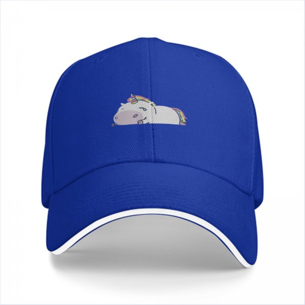 Black Baseball Cap With Chubby Lying Unicorn Rainbow Print