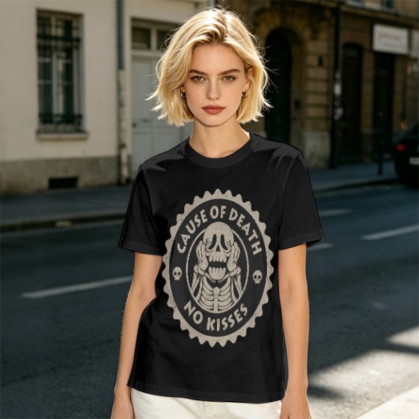 Olive T-shirt with 'Cause of Death No Kisses' Skeleton Graphic
