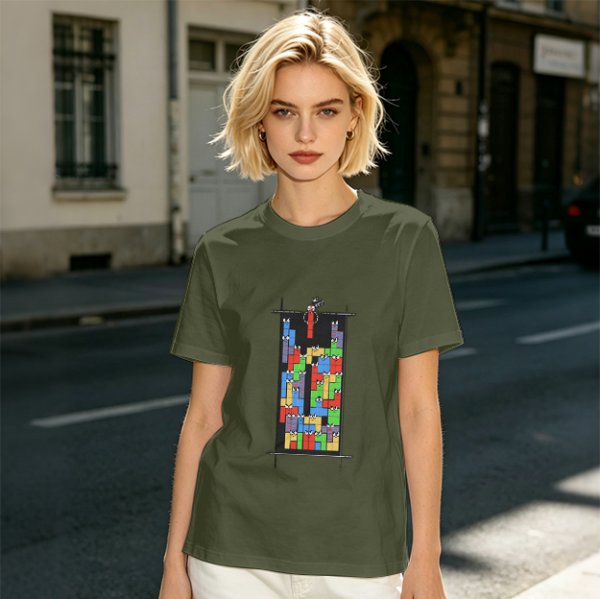 Olive T-Shirt With Tetris Block Character Print