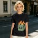 Olive green t-shirt with a cartoon burning box graphic