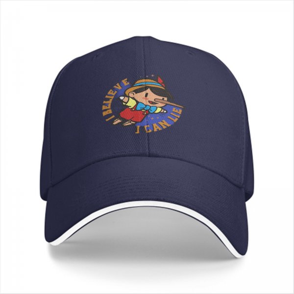 Black baseball cap with Pinocchio 'I Believe I Can Lie' graphic print