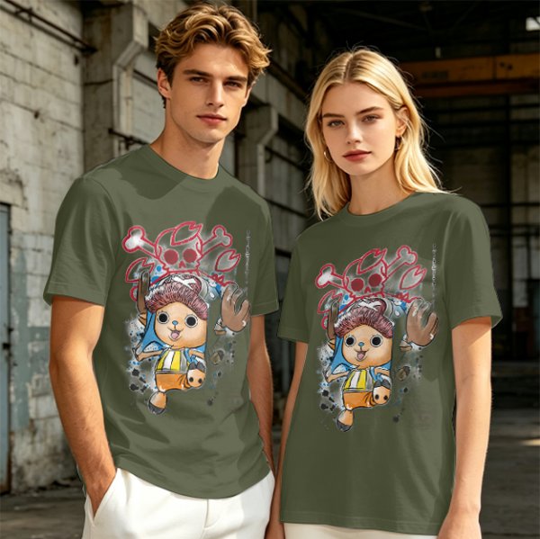 Olive T-Shirt with One Piece Tony Tony Chopper Pirate Skull Print