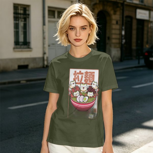 Olive T-Shirt With Cute Ramen Cat Bowl Graphic Print
