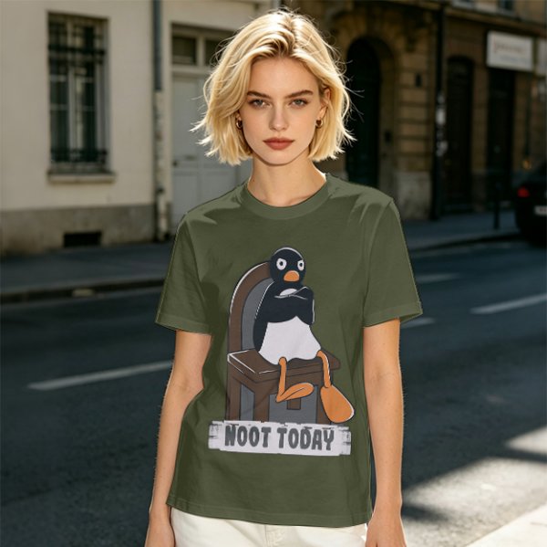 Olive T-shirt with Pingu Penguin 'Noot Today' Graphic Print