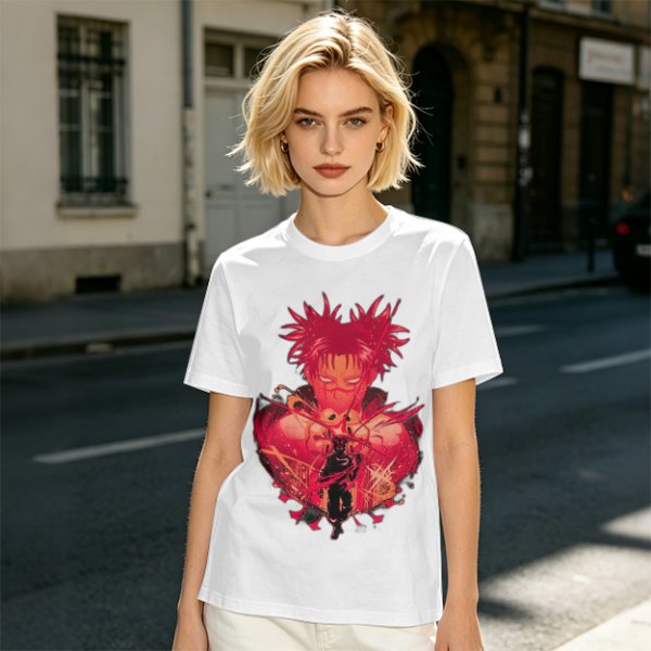 Olive Anime Graphic T-Shirt With Spiky Red Haired Character Art