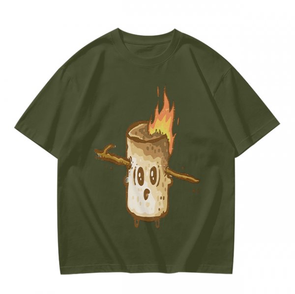 Olive T-Shirt With Surprised Burning Marshmallow Graphic