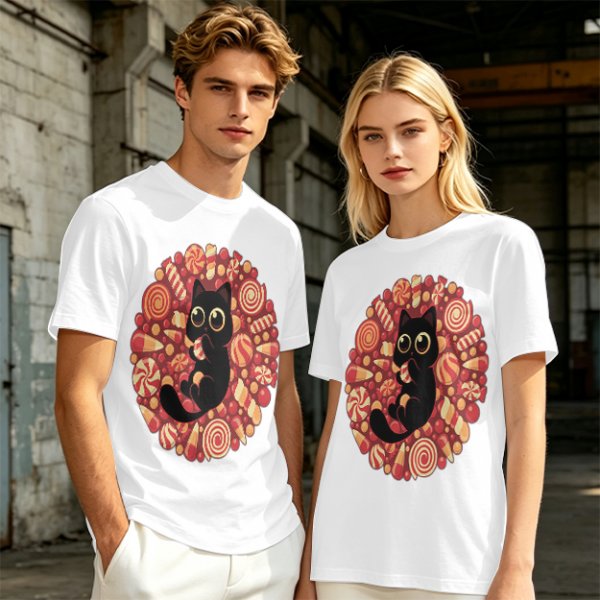 Olive T-Shirt With Cute Black Cat Holding Candy Surrounded By Sweets